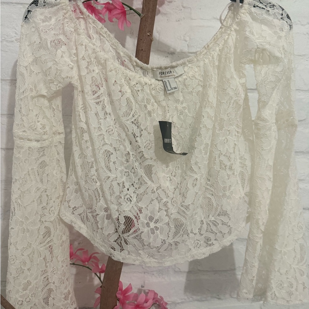 Forever 21 Cream Lace Off-Shoulder Bell Sleeve Blouse